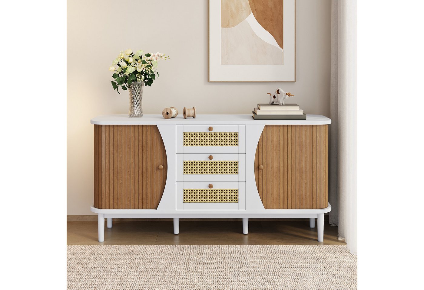 KLAM HOME Sideboard Rattankommode, Kommode mit Schiebetüren, mit verstellbaren Einlegeböden und abgerundeter Platte – Bild 4 von 5