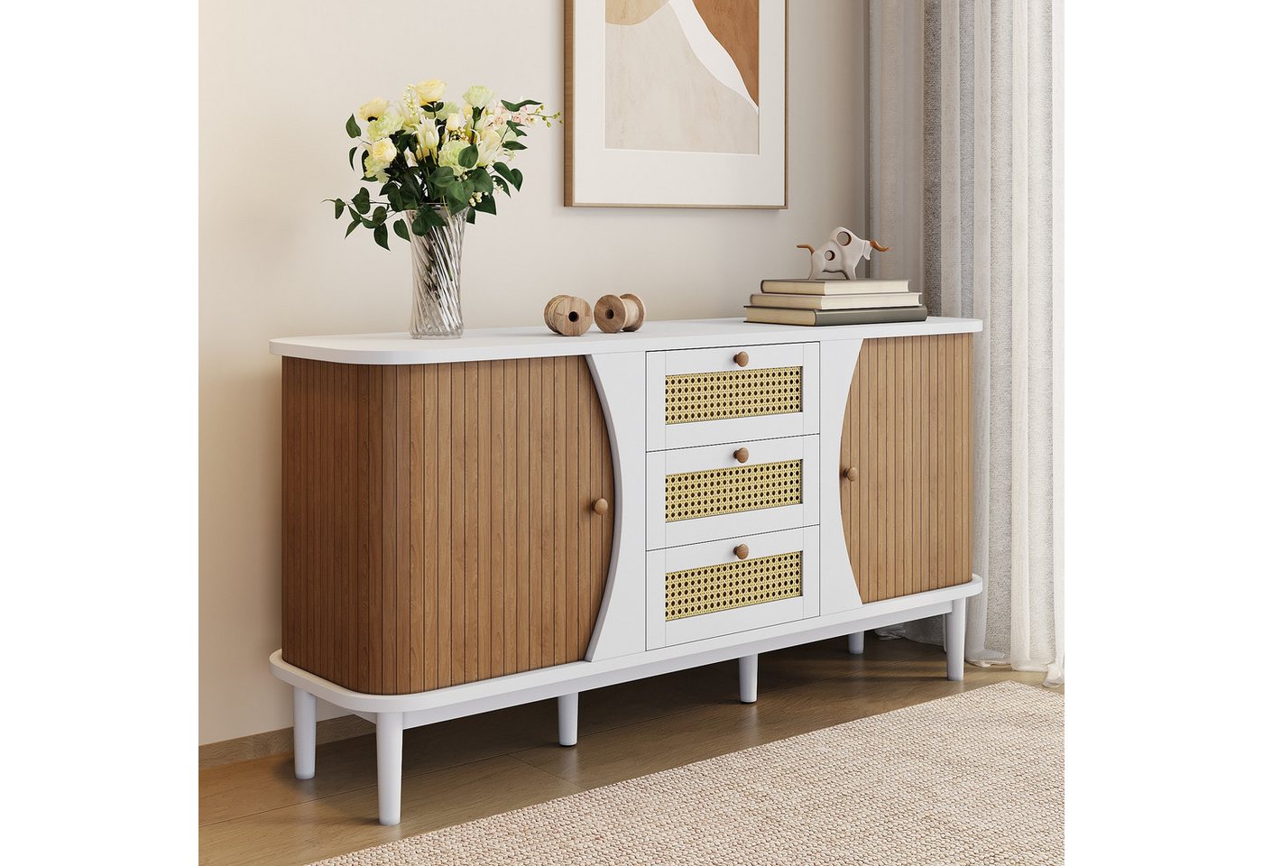 KLAM HOME Sideboard Rattankommode, Kommode mit Schiebetüren, mit verstellbaren Einlegeböden und abgerundeter Platte – Bild 5 von 5