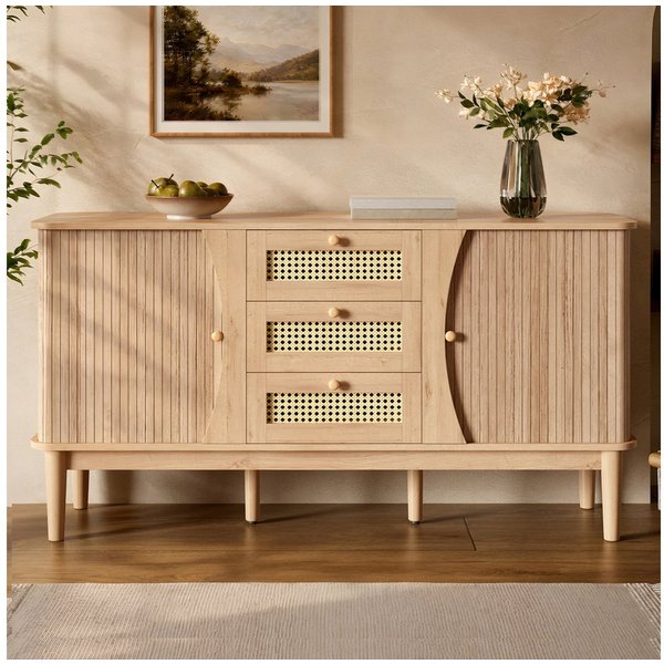 KLAM HOME Sideboard Rattankommode, Kommode mit Schiebetüren, mit verstellbaren Einlegeböden und abgerundeter Platte