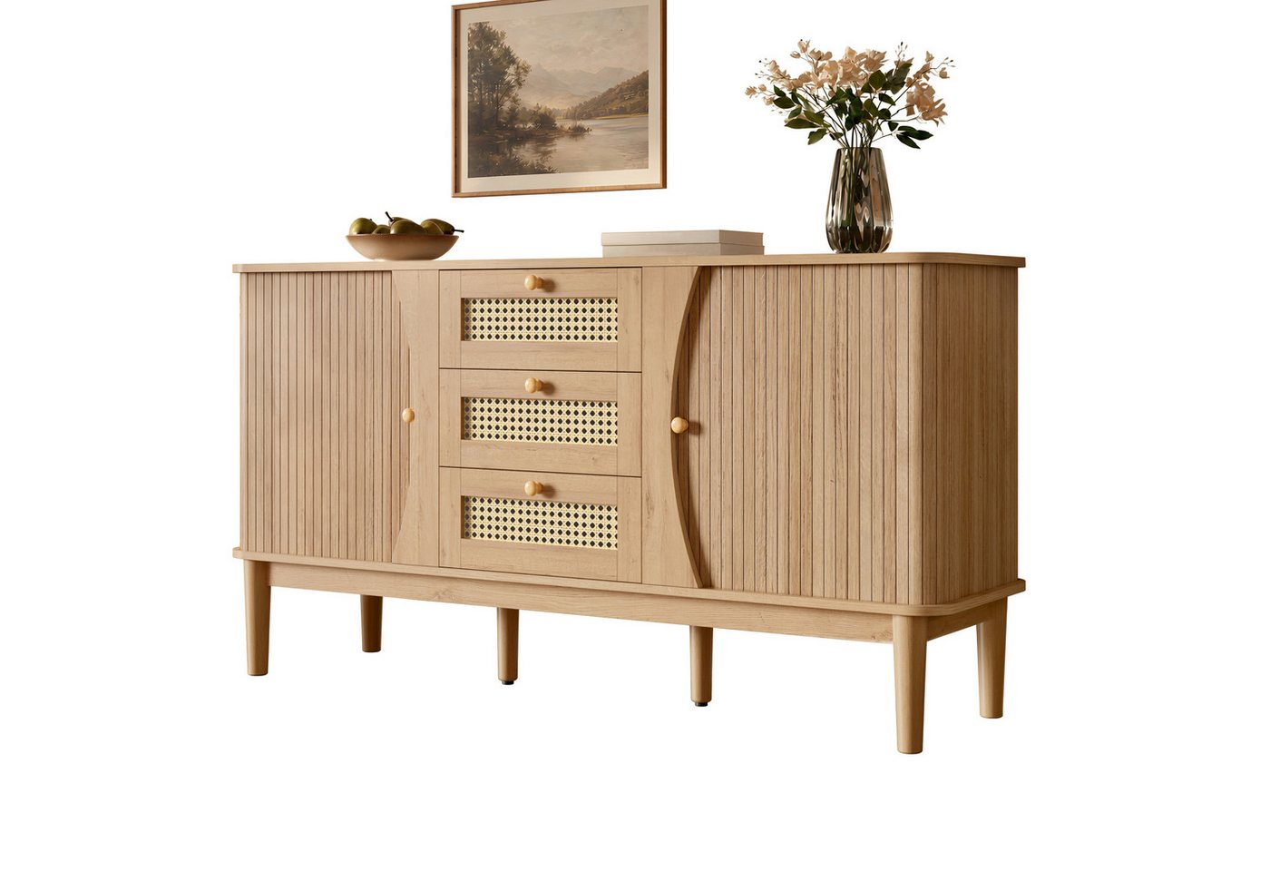 KLAM HOME Sideboard Rattankommode, Kommode mit Schiebetüren, mit verstellbaren Einlegeböden und abgerundeter Platte – Bild 2 von 5