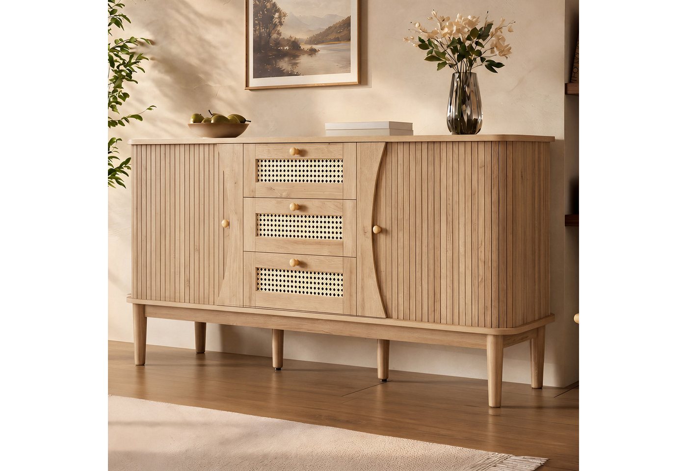 KLAM HOME Sideboard Rattankommode, Kommode mit Schiebetüren, mit verstellbaren Einlegeböden und abgerundeter Platte – Bild 4 von 5