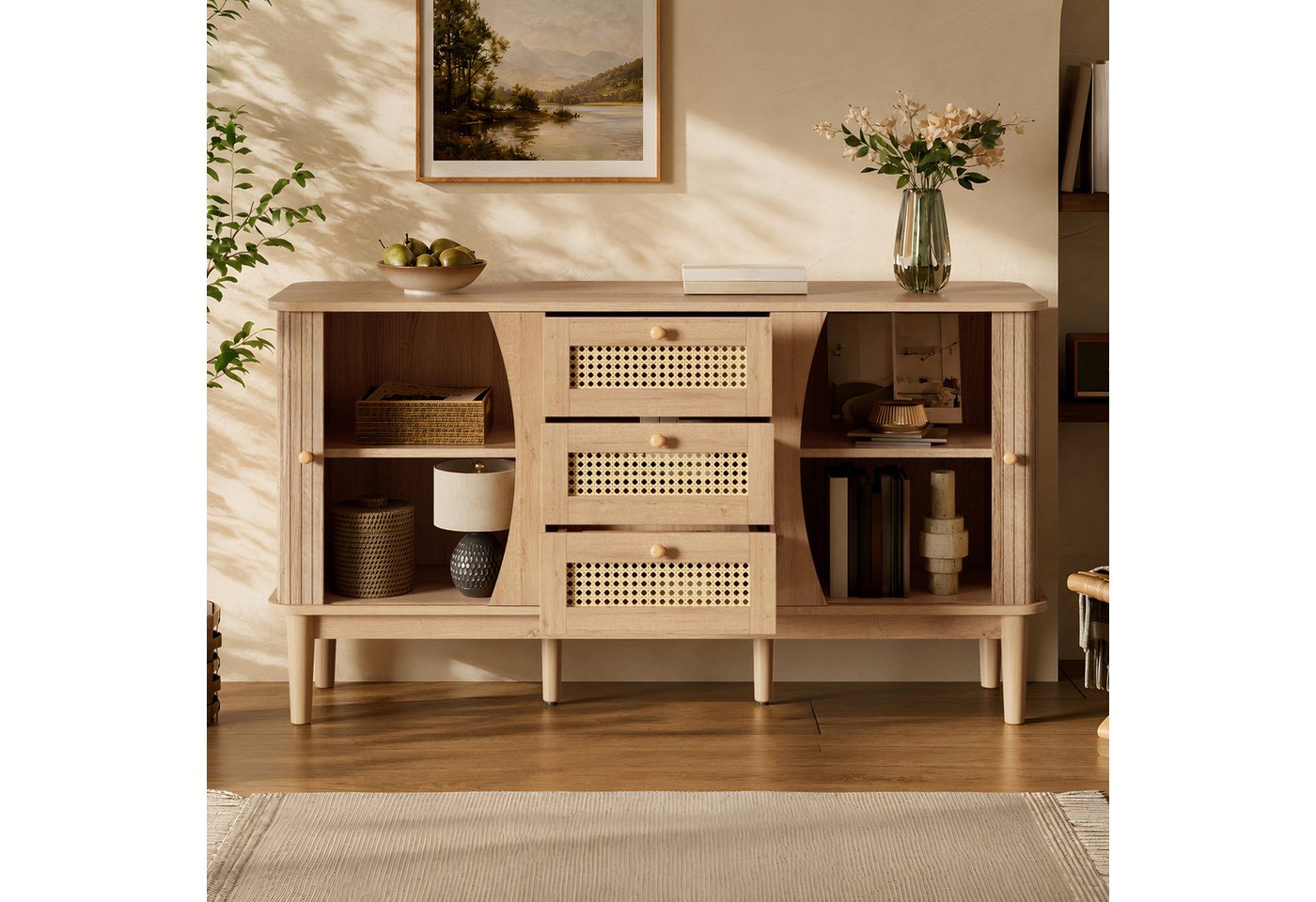 KLAM HOME Sideboard Rattankommode, Kommode mit Schiebetüren, mit verstellbaren Einlegeböden und abgerundeter Platte – Bild 5 von 5