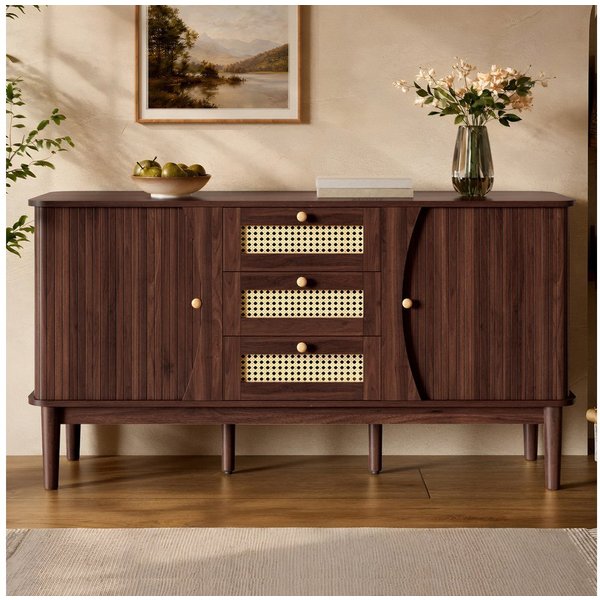 KLAM HOME Sideboard Rattankommode, Kommode mit Schiebetüren, mit verstellbaren Einlegeböden und abgerundeter Platte