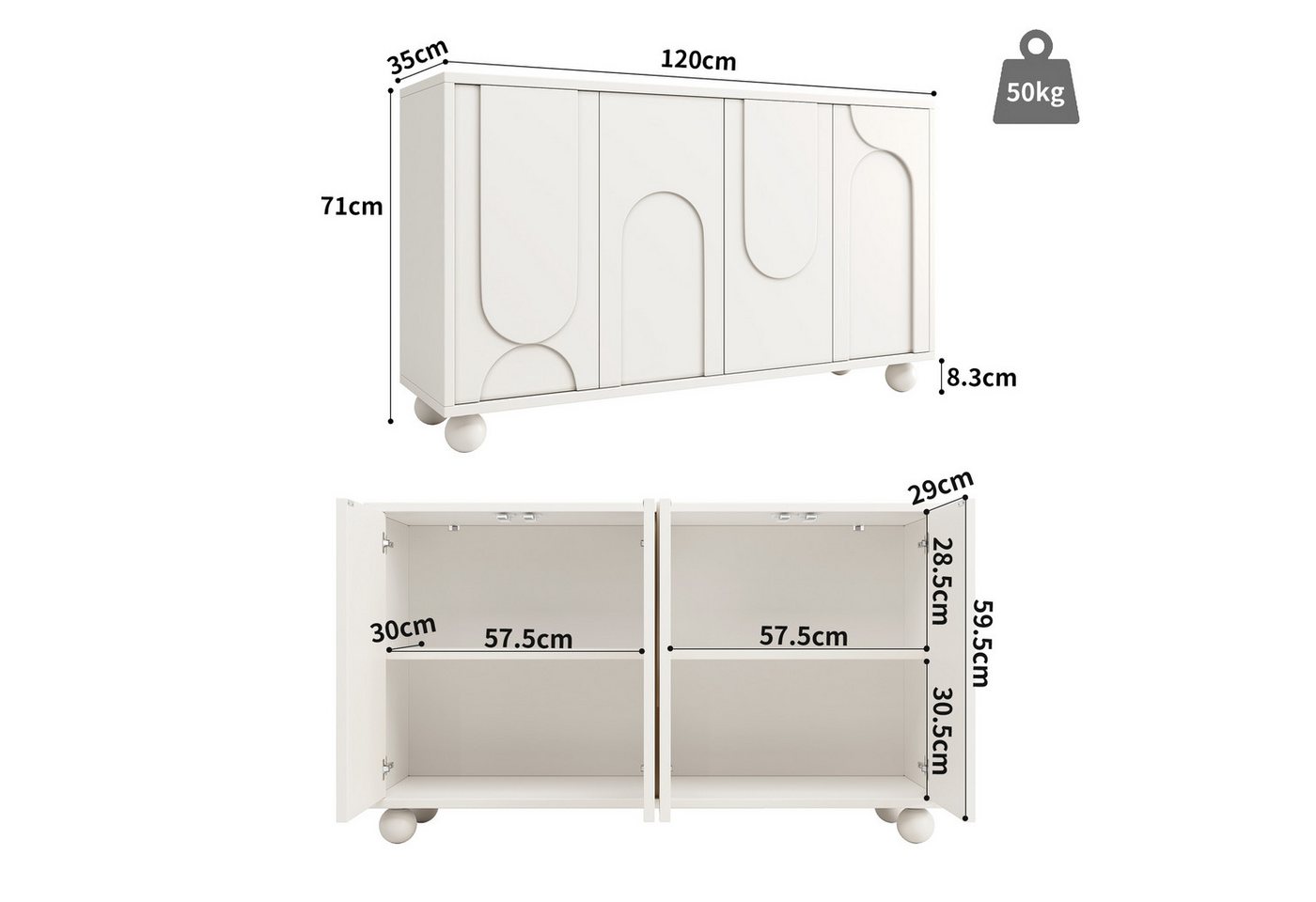 KLAM HOME Sideboard Schrank mit Stauraum, Anti-Dumping, verstellbarer Platte, weiß (Modernes, Schlichtes Kunst-Sideboard(120×35×71cm), Esszimmer- und Wohnzimmer – Bild 3 von 5
