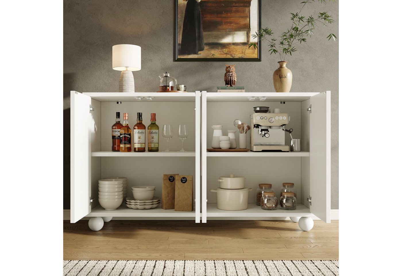 KLAM HOME Sideboard Schrank mit Stauraum, Anti-Dumping, verstellbarer Platte, weiß (Modernes, Schlichtes Kunst-Sideboard(120×35×71cm), Esszimmer- und Wohnzimmer – Bild 5 von 5