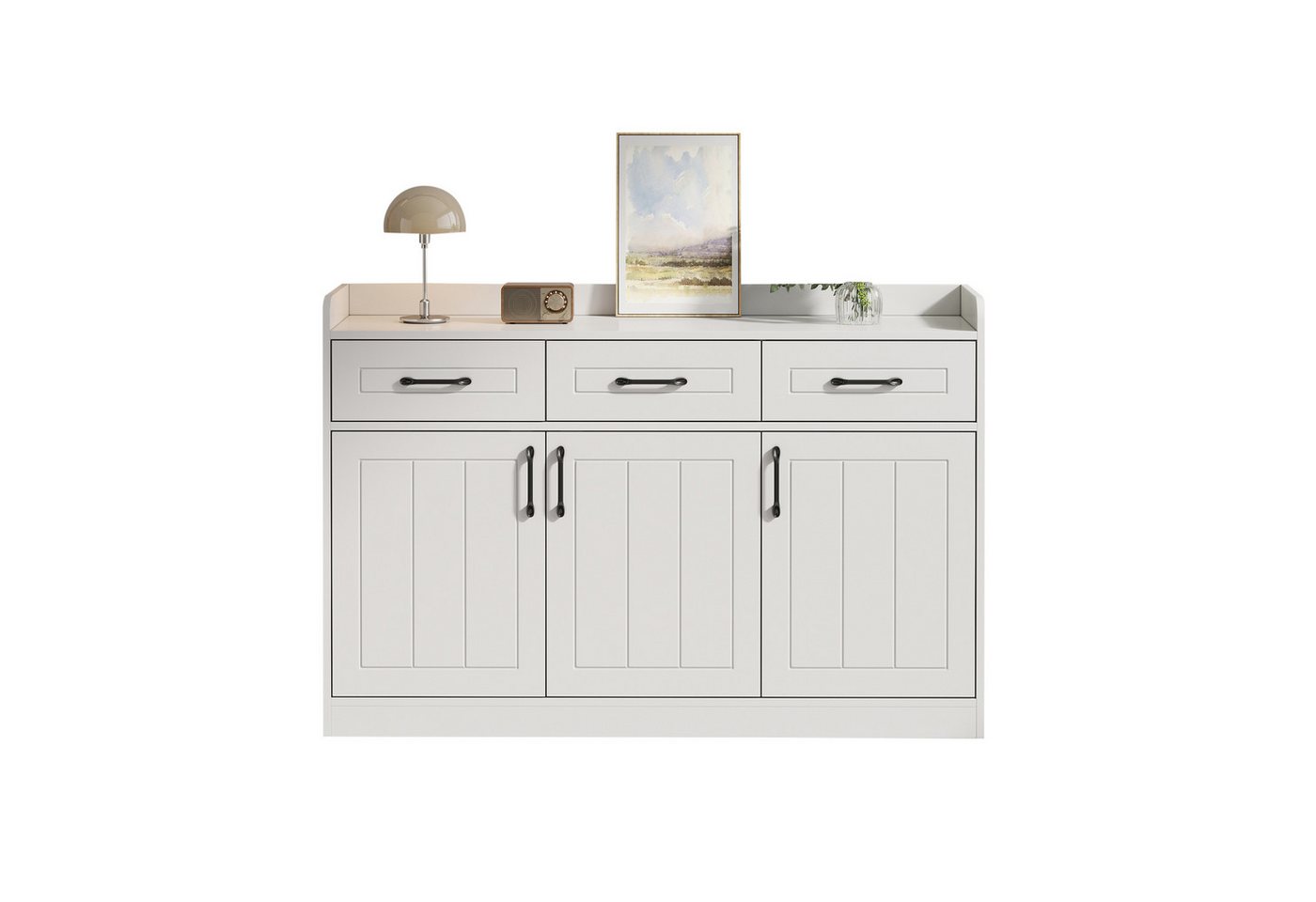 KLAM HOME Sideboard Weißes Sideboard 120cm, 3 Schubladen + 3 Türen, gestreiftes Design (Multifunktionaler Eingangsschrank mit 60kg Tragfähigkeit), Sideboard mit – Bild 2 von 5