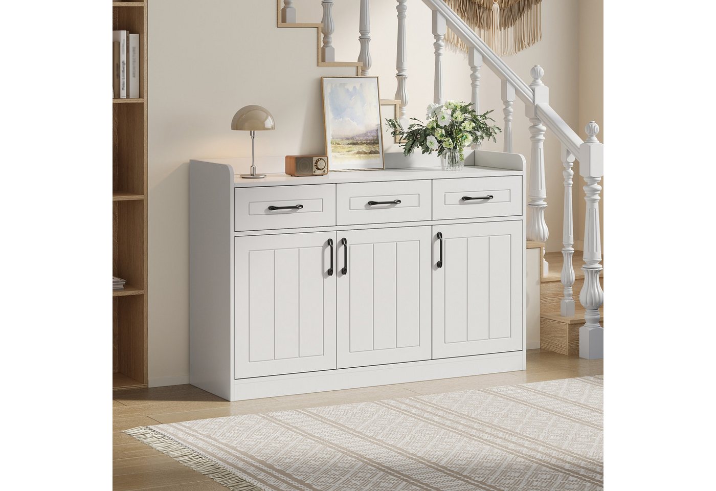 KLAM HOME Sideboard Weißes Sideboard 120cm, 3 Schubladen + 3 Türen, gestreiftes Design (Multifunktionaler Eingangsschrank mit 60kg Tragfähigkeit), Sideboard mit – Bild 4 von 5