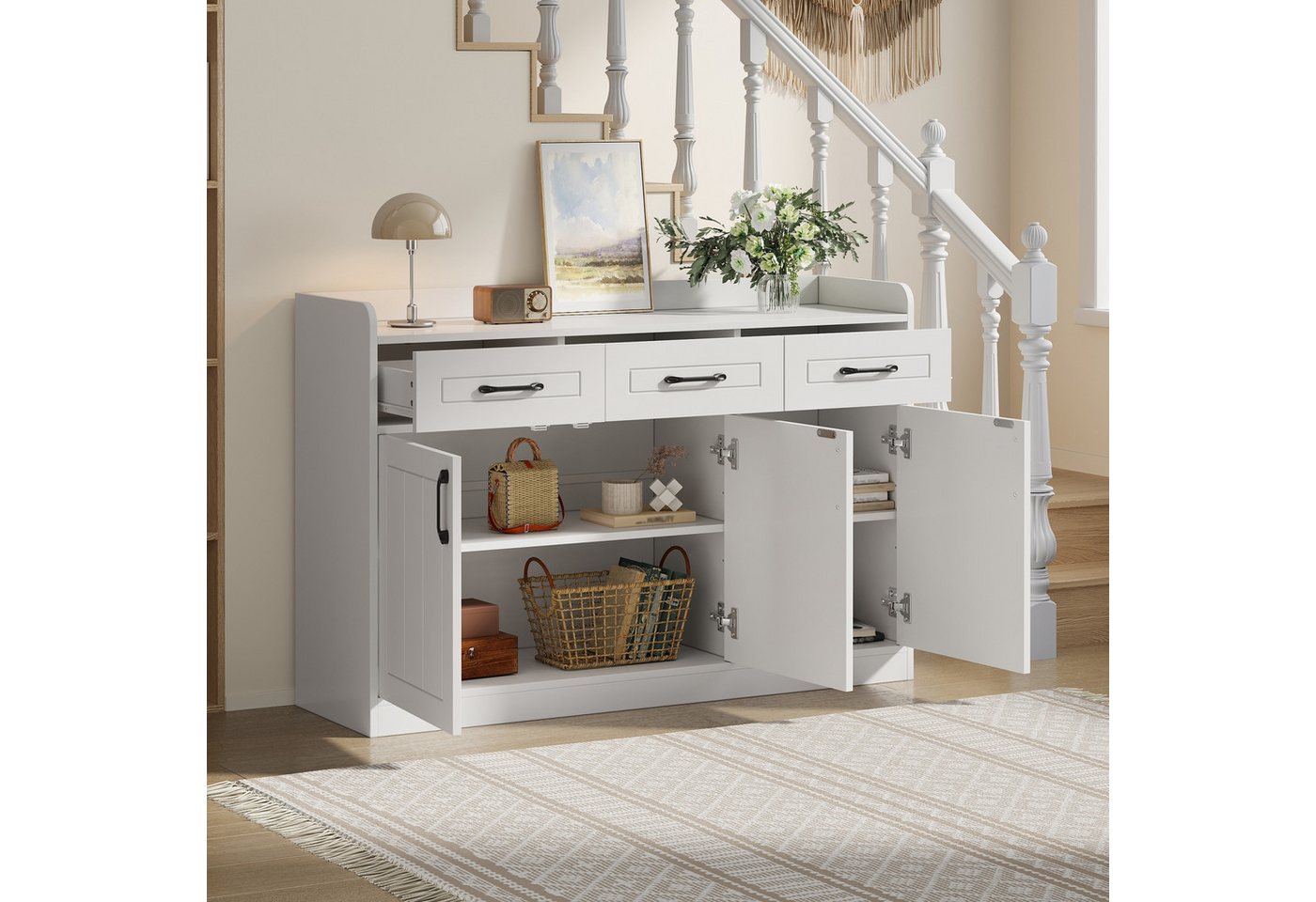KLAM HOME Sideboard Weißes Sideboard 120cm, 3 Schubladen + 3 Türen, gestreiftes Design (Multifunktionaler Eingangsschrank mit 60kg Tragfähigkeit), Sideboard mit – Bild 5 von 5