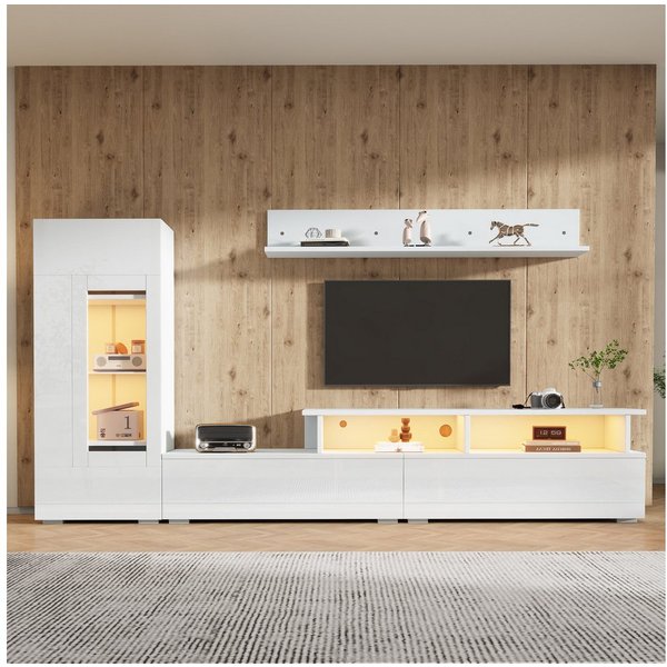 KLAM HOME Wohnwand 3-Teilige Wohnwand Set Mit LED Beleuchtung Und Hochglanz Front, (TV Schrank Vitrine Und Hängeregal Weiß Für TV Bis 75 Zoll), Modernes Wohnzim