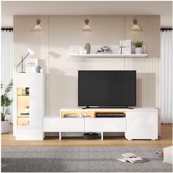 KLAM HOME Wohnwand Wohnwand Set 3-Teilig Mit Hochglanz Und LED Beleuchtung, (Moderne TV Wandkombination Mit Akryl Türen Und Glas Einlagen), Raumsparende Fernseh