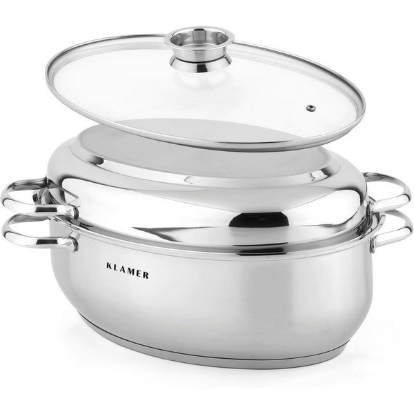 KLAMER Bräter 38 cm, backofengeeignet, 8,5L XXL Bräter mit Deckel, mit 4L Deckelpfa…, Edelstahl, Güteglasdeckel, tropffrei abgießen