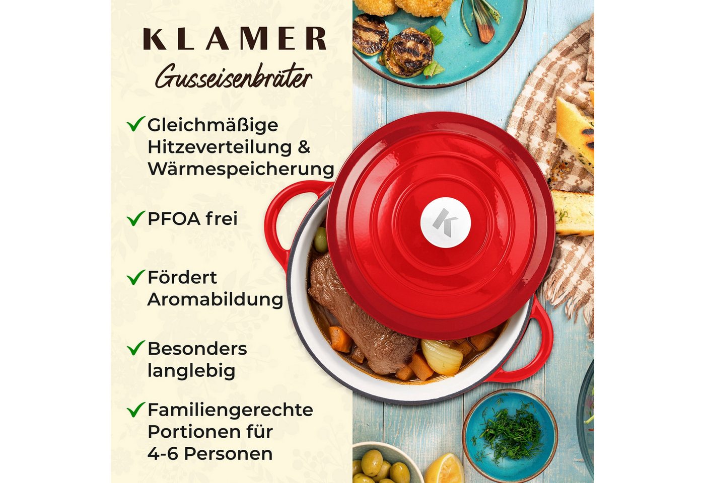 KLAMER Bräter Gusseisen Bräter 5 L, Gusseisen-Topf 25 cm backofengeeignet, Emaille …, Gusseisen, Exzellente Hitzeverteilung, Intensive Aromabildung, 5 Liter – Bild 4 von 5