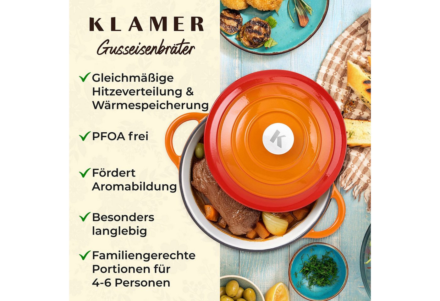 KLAMER Bräter Gusseisen Bräter 5 L, Gusseisen-Topf 25 cm backofengeeignet, Emaille …, Gusseisen, Exzellente Hitzeverteilung, Intensive Aromabildung, 5 Liter – Bild 4 von 5