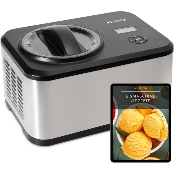 KLAMER Eismaschine mit Kompressor 1,5L 120W, Edelstahl, Speiseeis Maschine, Kühlfunktion, 1,5 l, 120 W, Raffiniertes Rührsystem, Nachfüllklappe, digitales Rezep