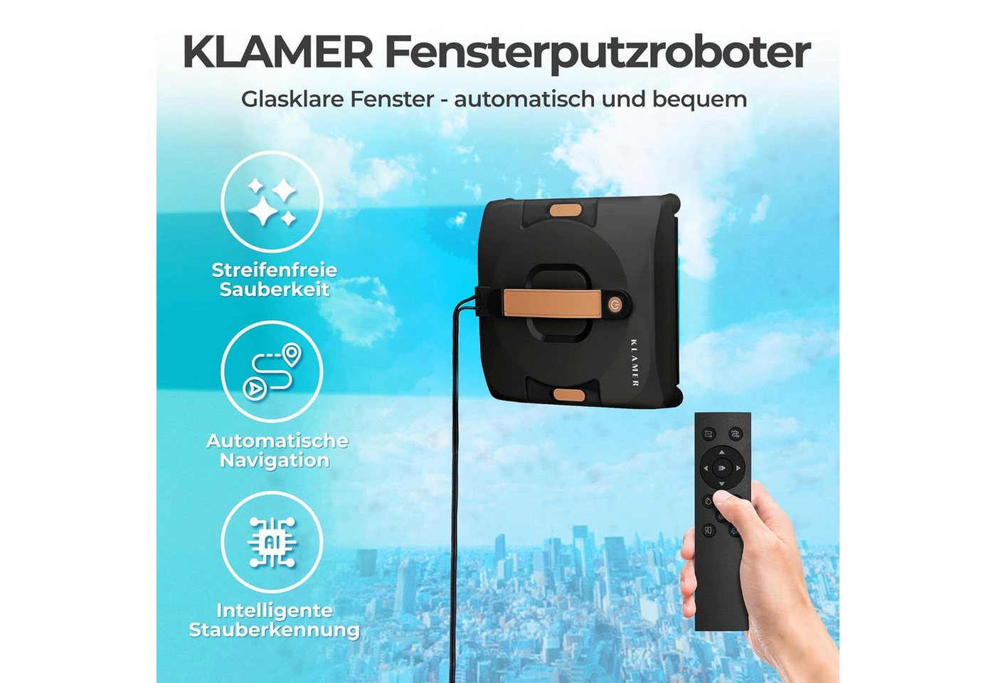 KLAMER Fensterputzroboter Kompakter Fensterroboter mit automatischer Kanten-Erkennung, Dual Spr…, Randerkennung, Absturzsicher,2 Modi, Fernbedienung/App Steueru – Bild 3 von 5