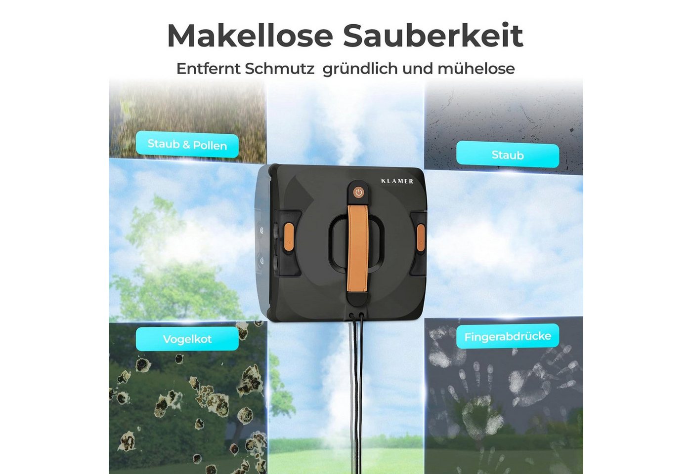 KLAMER Fensterputzroboter Kompakter Fensterroboter mit automatischer Kanten-Erkennung, Dual Spr…, Randerkennung, Absturzsicher,2 Modi, Fernbedienung/App Steueru – Bild 5 von 5