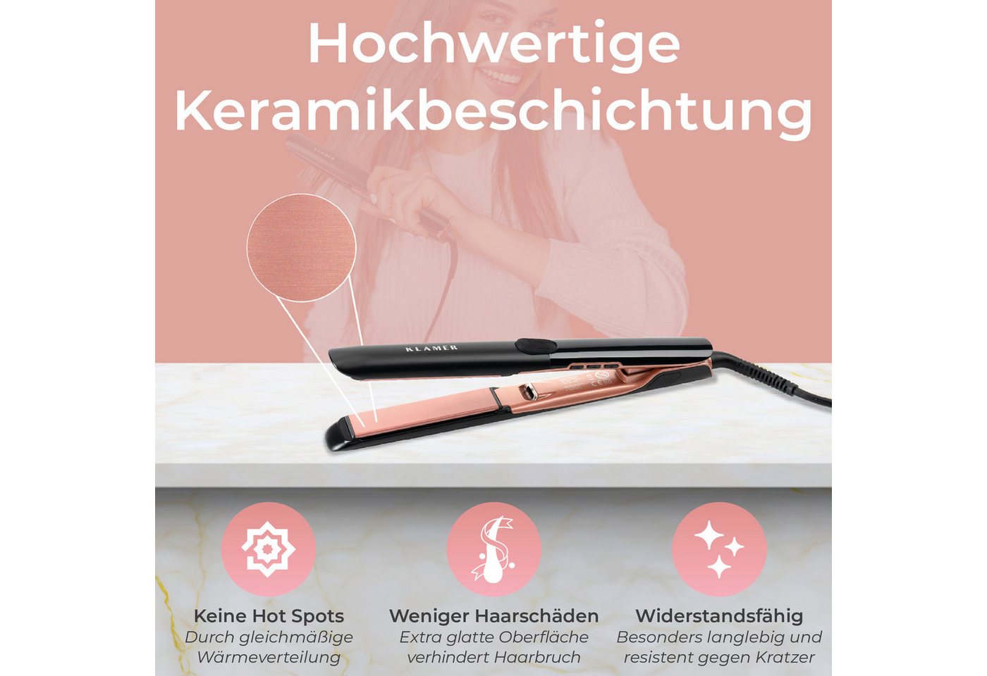 KLAMER Glätteisen 2 in 1,Haarglätter mit Ionen Technologie: weniger Frizz & statische A…, Schnelle Erhitzung, Keramikbeschichtung, Ionen-Technologie, Drehkabel – Bild 2 von 5