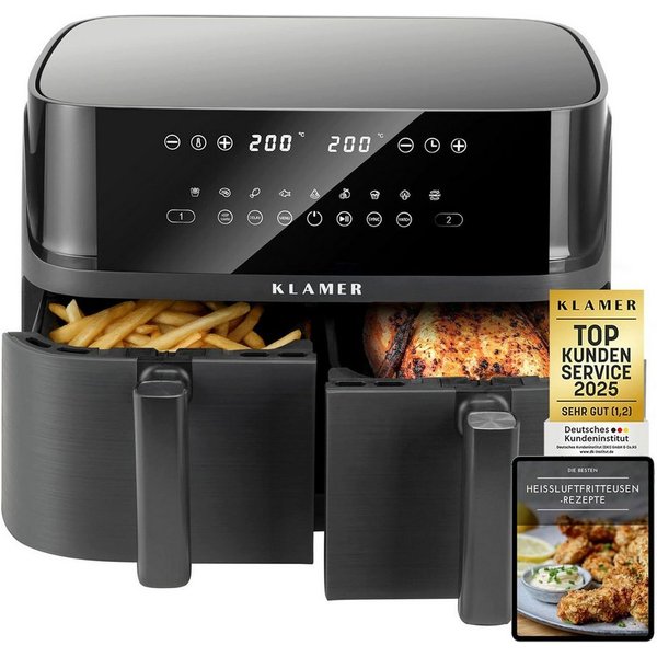 KLAMER Heißluftfritteuse Heißluftfritteuse Duo 9 L – Doppelkammer Airfryer mit 2 Körben, 3000 W, Zwei separate Fächer, Smart-Funktionen, Mehrere Programme & Ste