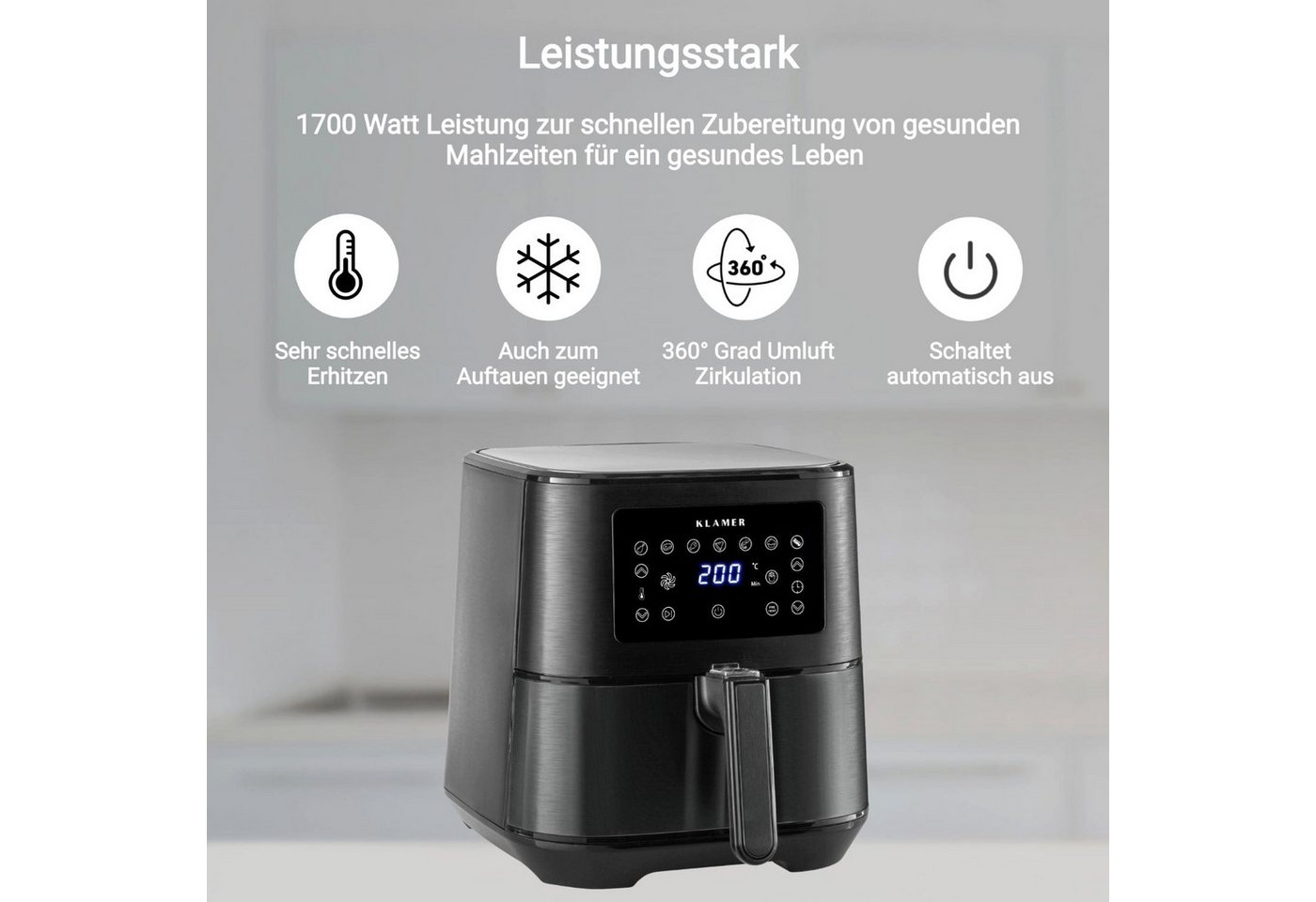 KLAMER Heißluftfritteuse XL 5,5l, Multifunktionale Heissluftfritteuse, ölfreie Fritteuse, 1700W Airfryer, 1700 W, LED Display, Antihaftkorb, Voreingestellte Koc – Bild 3 von 5