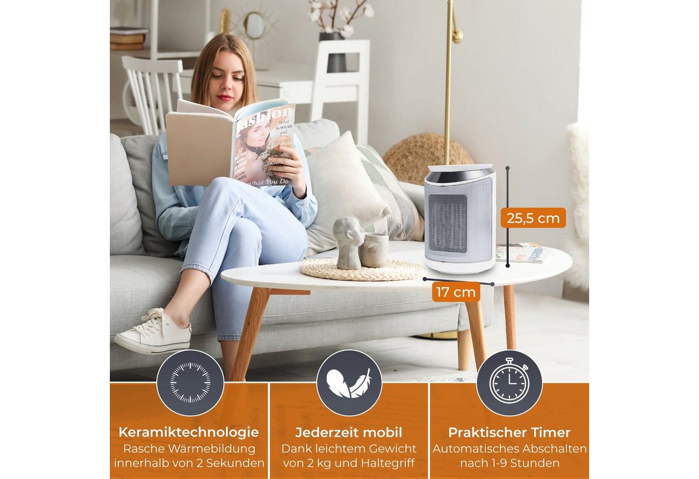 KLAMER Heizlüfter 2000 W, PTC Keramik Heizlüfter mit 75° Oszillation, 3 Heizstufen inkl…, 9 Std Timer, Kippschutz, Thermosicherung, Überhitzungsschutz – Bild 2 von 5