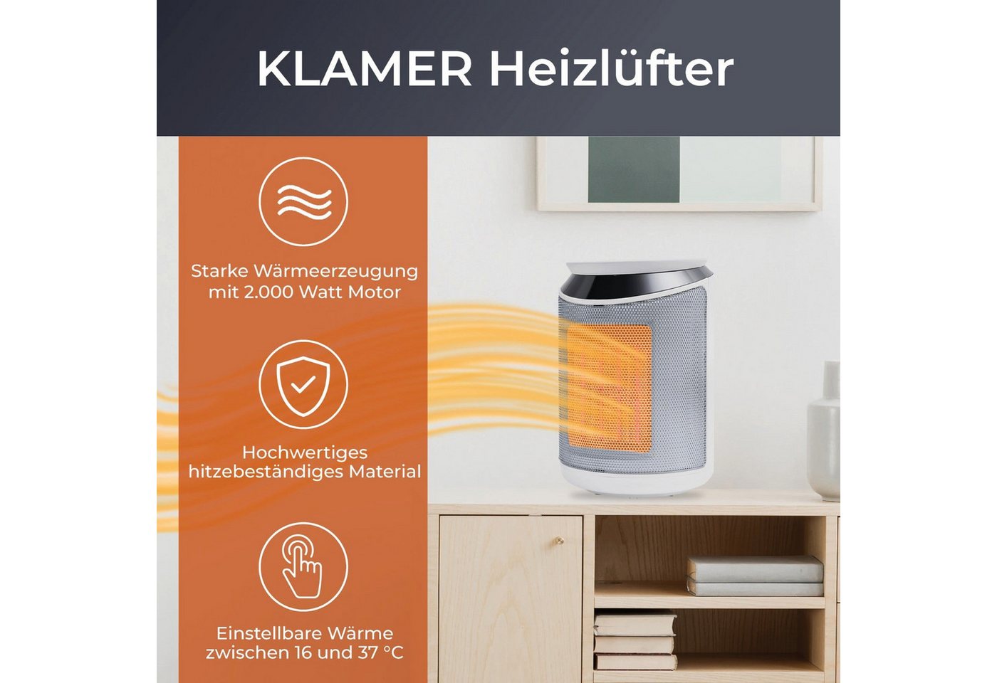 KLAMER Heizlüfter 2000 W, PTC Keramik Heizlüfter mit 75° Oszillation, 3 Heizstufen inkl…, 9 Std Timer, Kippschutz, Thermosicherung, Überhitzungsschutz – Bild 3 von 5