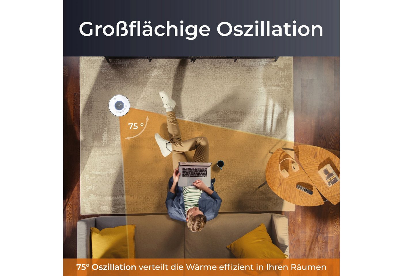 KLAMER Heizlüfter 2000 W, PTC Keramik Heizlüfter mit 75° Oszillation, 3 Heizstufen inkl…, 9 Std Timer, Kippschutz, Thermosicherung, Überhitzungsschutz – Bild 4 von 5
