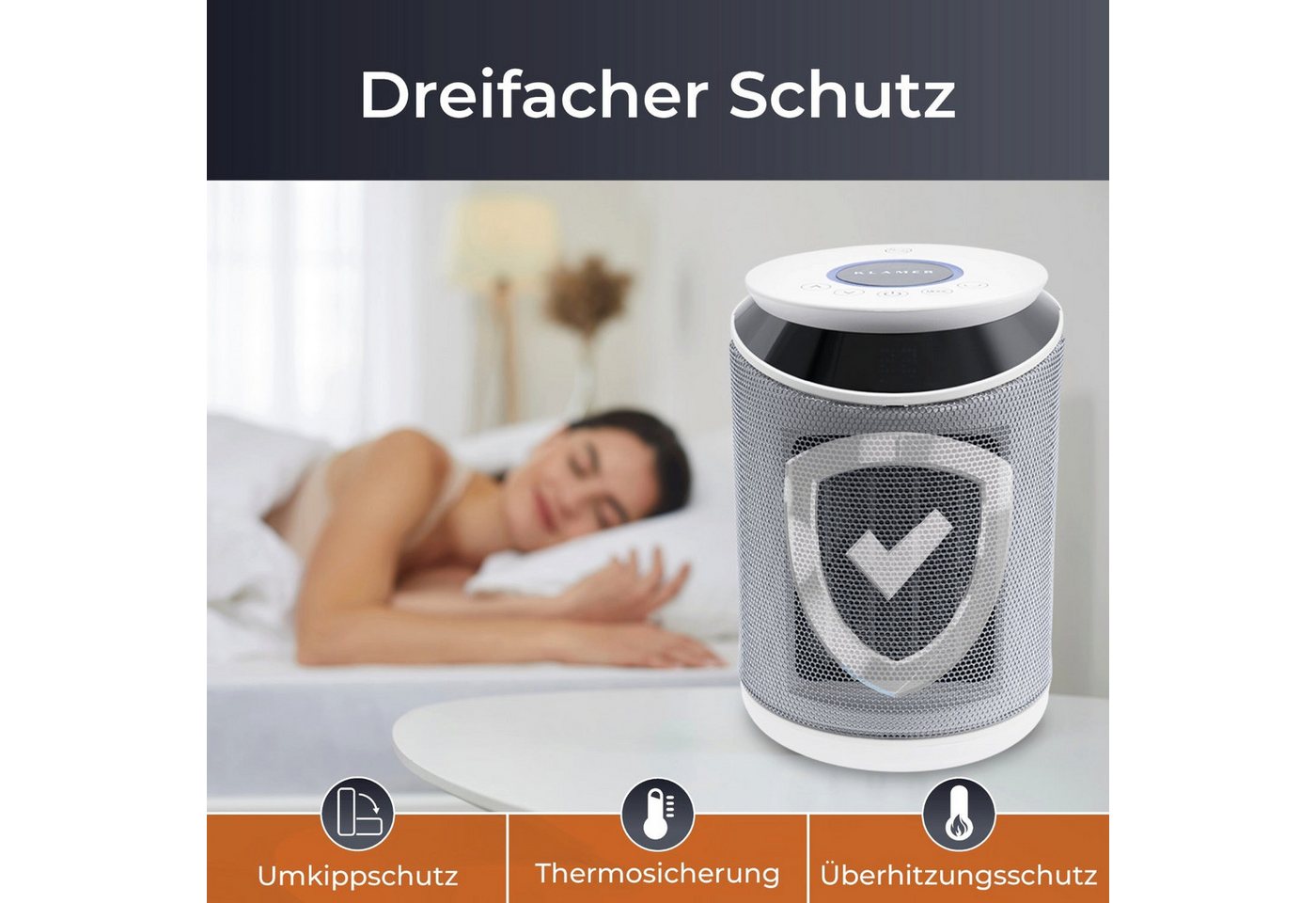 KLAMER Heizlüfter 2000 W, PTC Keramik Heizlüfter mit 75° Oszillation, 3 Heizstufen inkl…, 9 Std Timer, Kippschutz, Thermosicherung, Überhitzungsschutz – Bild 5 von 5