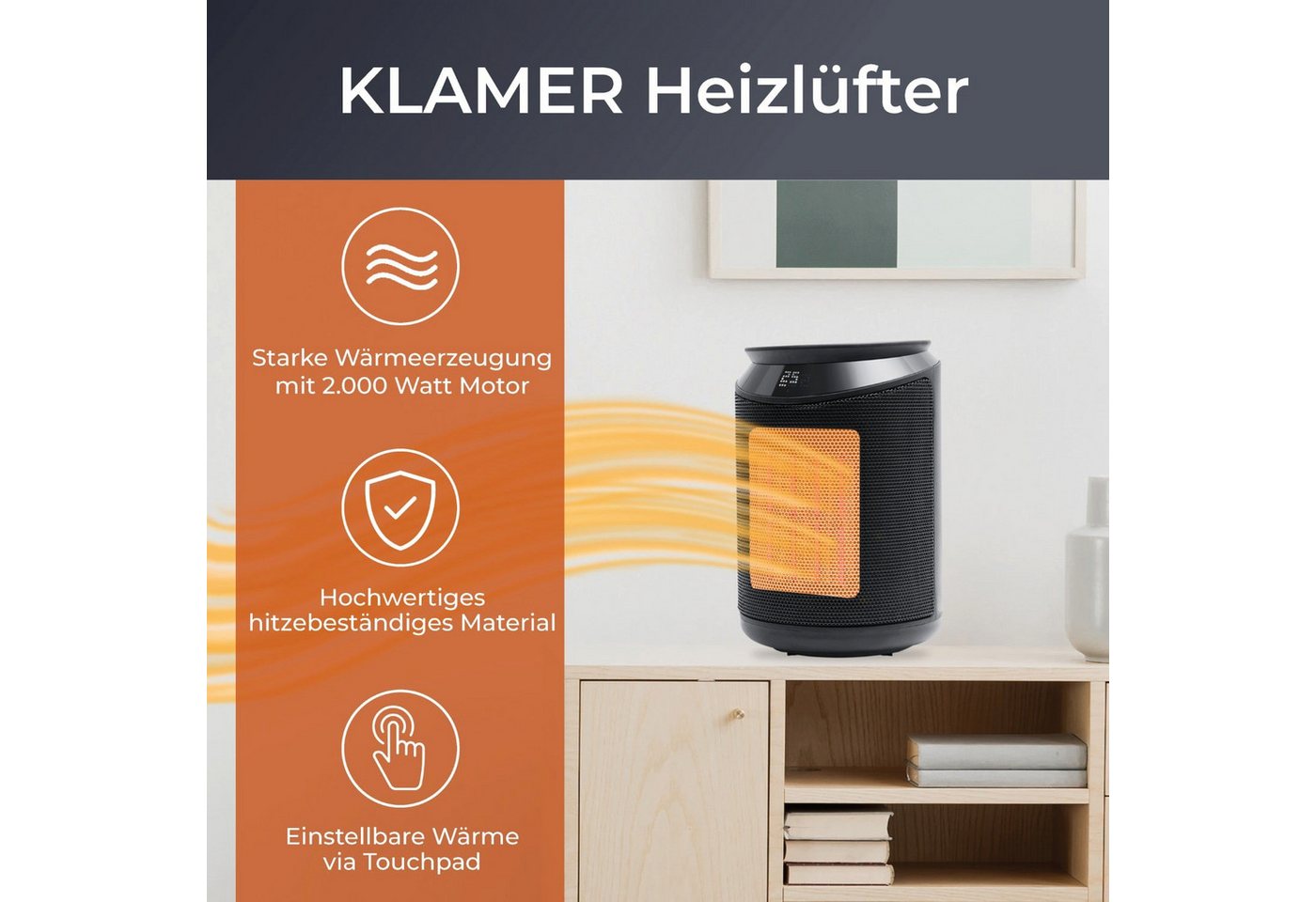 KLAMER Heizlüfter 2000 W, PTC Keramik Heizlüfter mit 75° Oszillation, 3 Heizstufen inkl…, 9 Std Timer, Kippschutz, Thermosicherung, Überhitzungsschutz – Bild 2 von 5