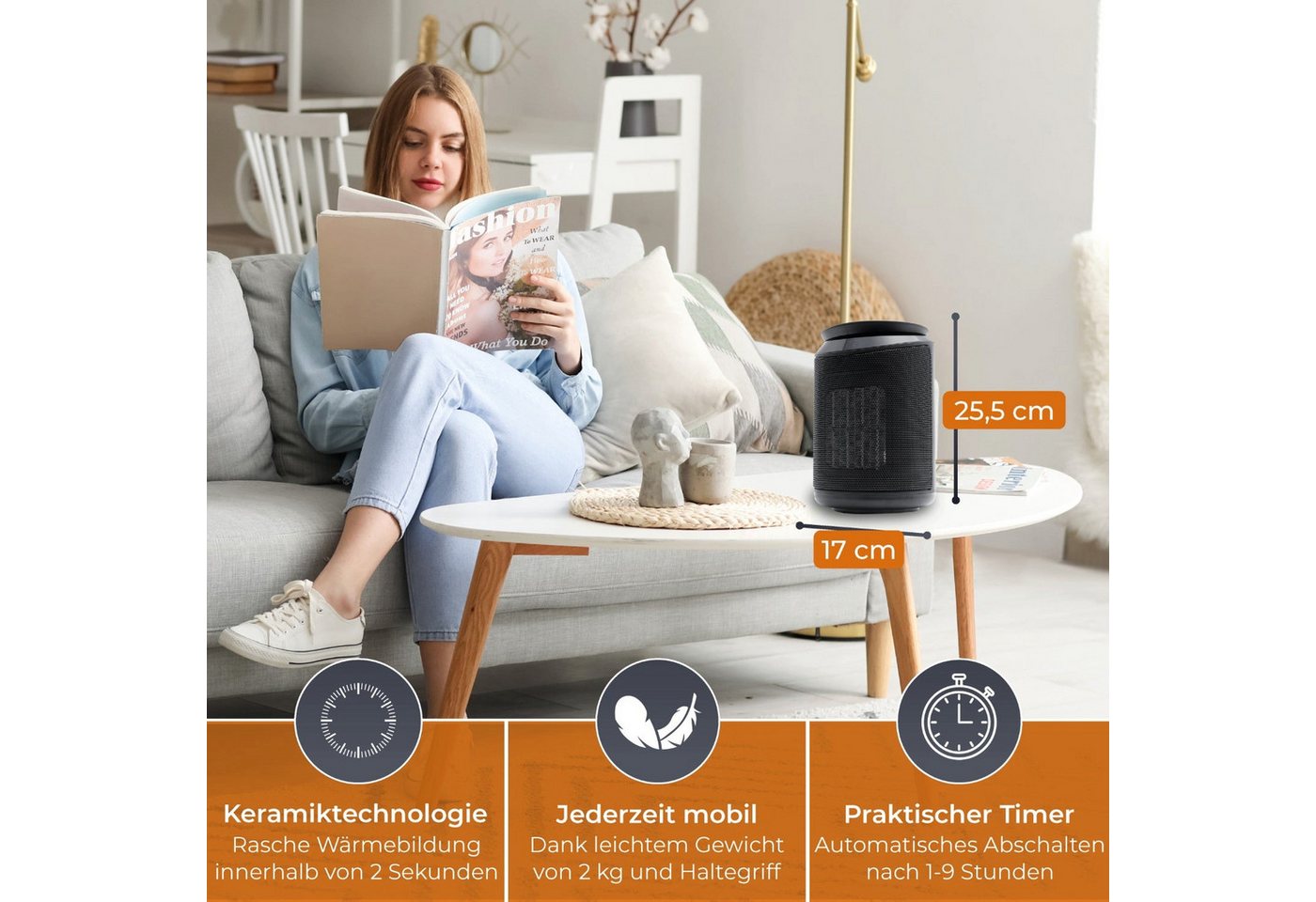 KLAMER Heizlüfter 2000 W, PTC Keramik Heizlüfter mit 75° Oszillation, 3 Heizstufen inkl…, 9 Std Timer, Kippschutz, Thermosicherung, Überhitzungsschutz – Bild 3 von 5