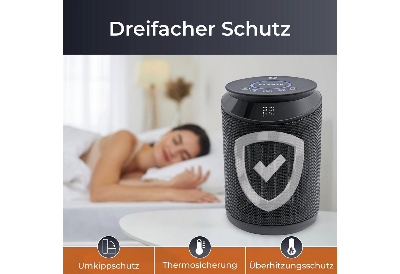 KLAMER Heizlüfter 2000 W, PTC Keramik Heizlüfter mit 75° Oszillation, 3 Heizstufen inkl…, 9 Std Timer, Kippschutz, Thermosicherung, Überhitzungsschutz – Bild 5 von 5