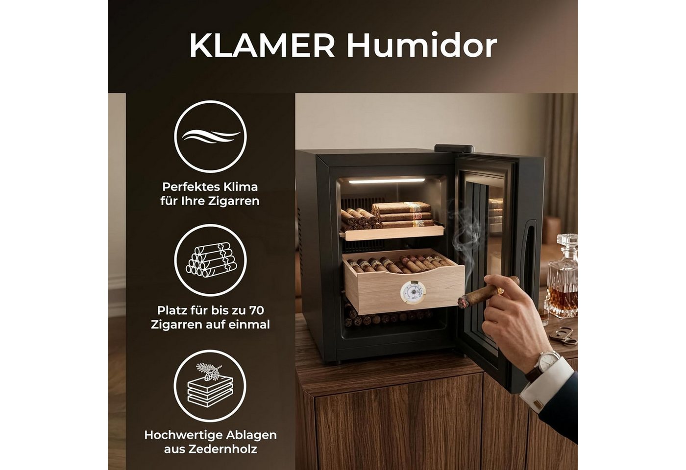 KLAMER Humidor 17 L, Kühlschrank & Heizung 16–22°C, Thermoelektrisch, Hygrometer, Lü…, Dual-Funktions-System, Perfektes Klima-Management – Bild 4 von 5
