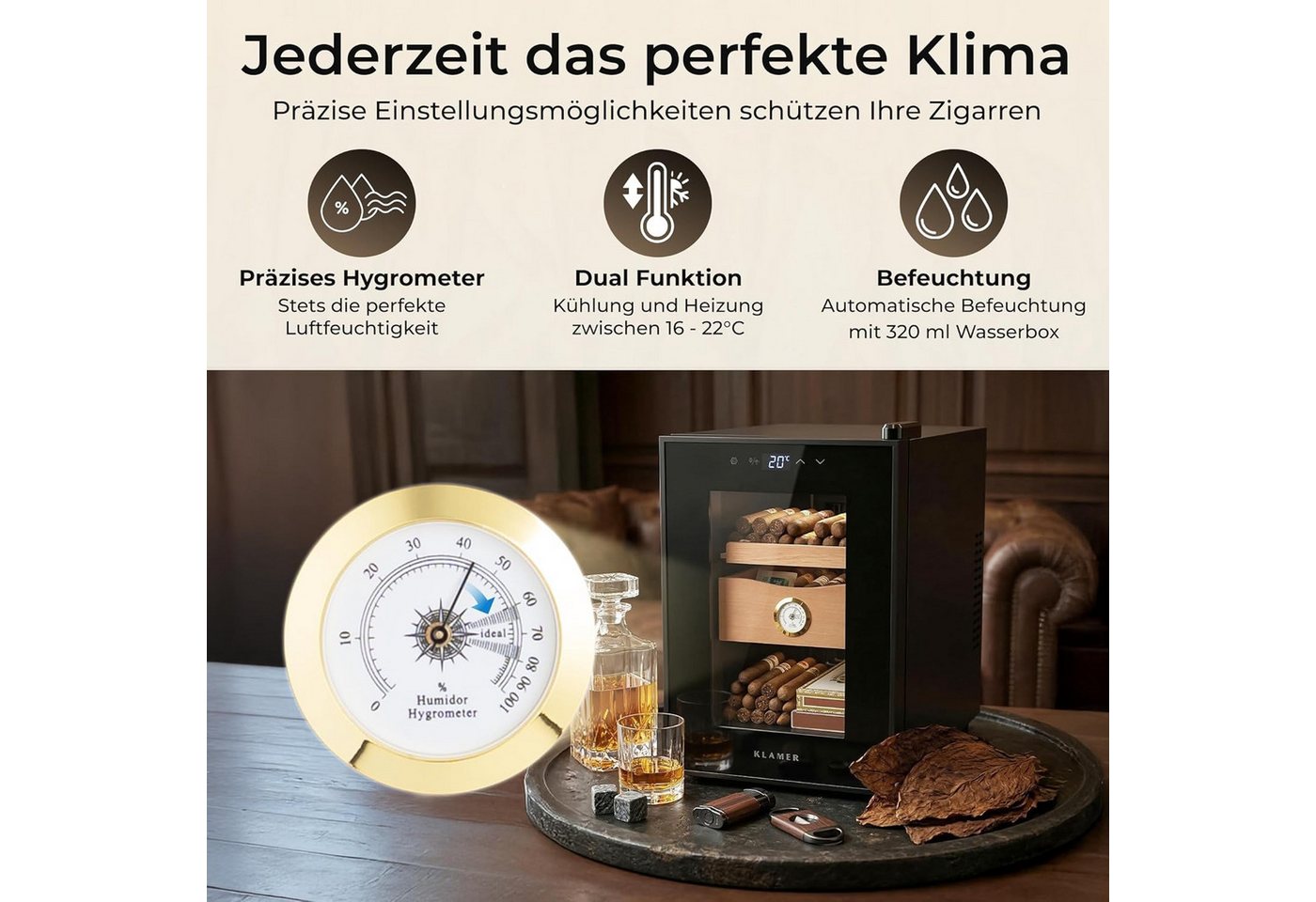 KLAMER Humidor 17 L, Kühlschrank & Heizung 16–22°C, Thermoelektrisch, Hygrometer, Lü…, Dual-Funktions-System, Perfektes Klima-Management – Bild 5 von 5
