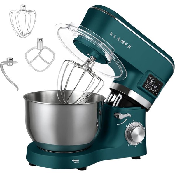 KLAMER Küchenmaschine 1400W, Knetmaschine mit 5,5 Liter Edelstahl Schüssel, 6 Geschwindigkeitsstufen mit Timer, Rührbesen, Knethaken, Schneebesen und Spritzschu