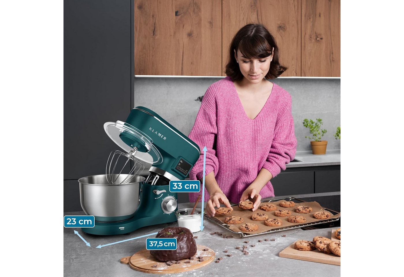 KLAMER Küchenmaschine 1400W, Knetmaschine mit 5,5 Liter Edelstahl Schüssel, 6 Geschwindigkeitsstufen mit Timer, Rührbesen, Knethaken, Schneebesen und Spritzschu – Bild 2 von 5
