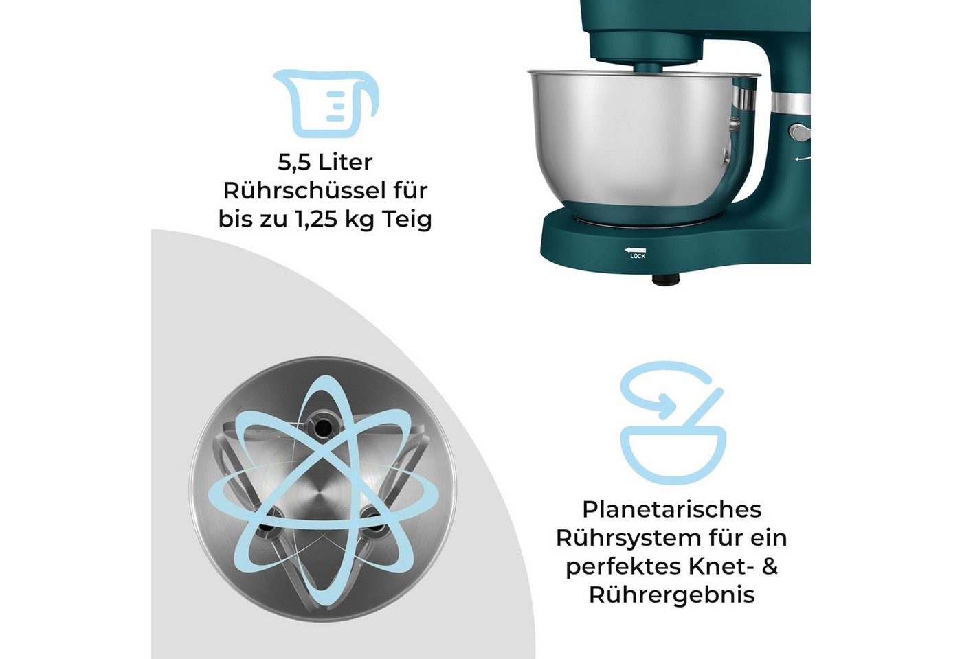 KLAMER Küchenmaschine 1400W, Knetmaschine mit 5,5 Liter Edelstahl Schüssel, 6 Geschwindigkeitsstufen mit Timer, Rührbesen, Knethaken, Schneebesen und Spritzschu – Bild 5 von 5