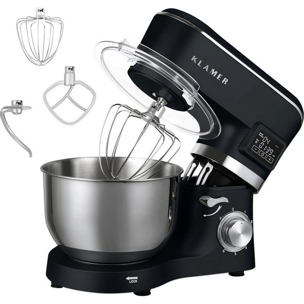 KLAMER Küchenmaschine 1400W, Knetmaschine mit 5,5 Liter Edelstahl Schüssel, 6 Geschwindigkeitsstufen mit Timer, Rührbesen, Knethaken, Schneebesen und Spritzschu