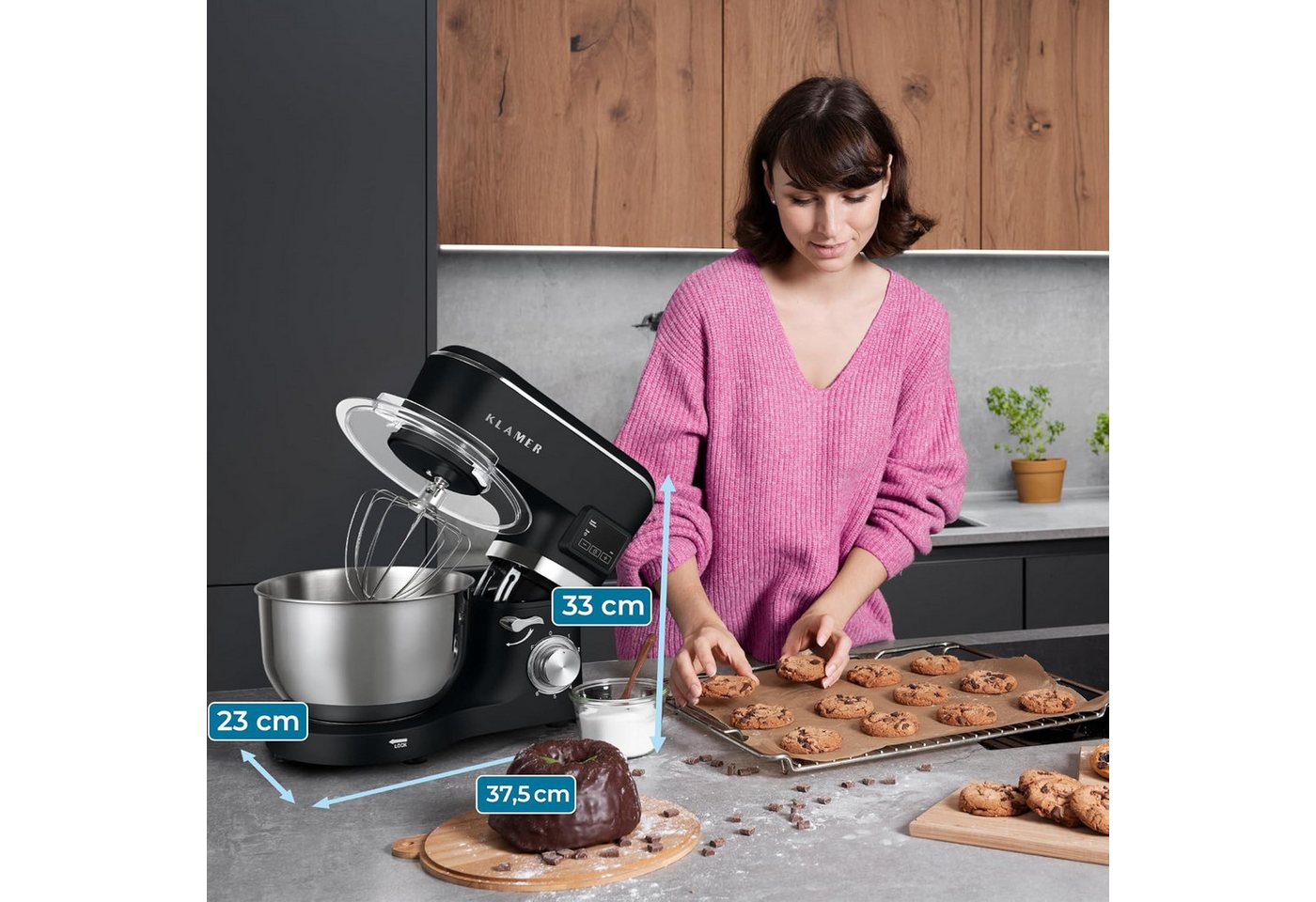 KLAMER Küchenmaschine 1400W, Knetmaschine mit 5,5 Liter Edelstahl Schüssel, 6 Geschwindigkeitsstufen mit Timer, Rührbesen, Knethaken, Schneebesen und Spritzschu – Bild 2 von 5