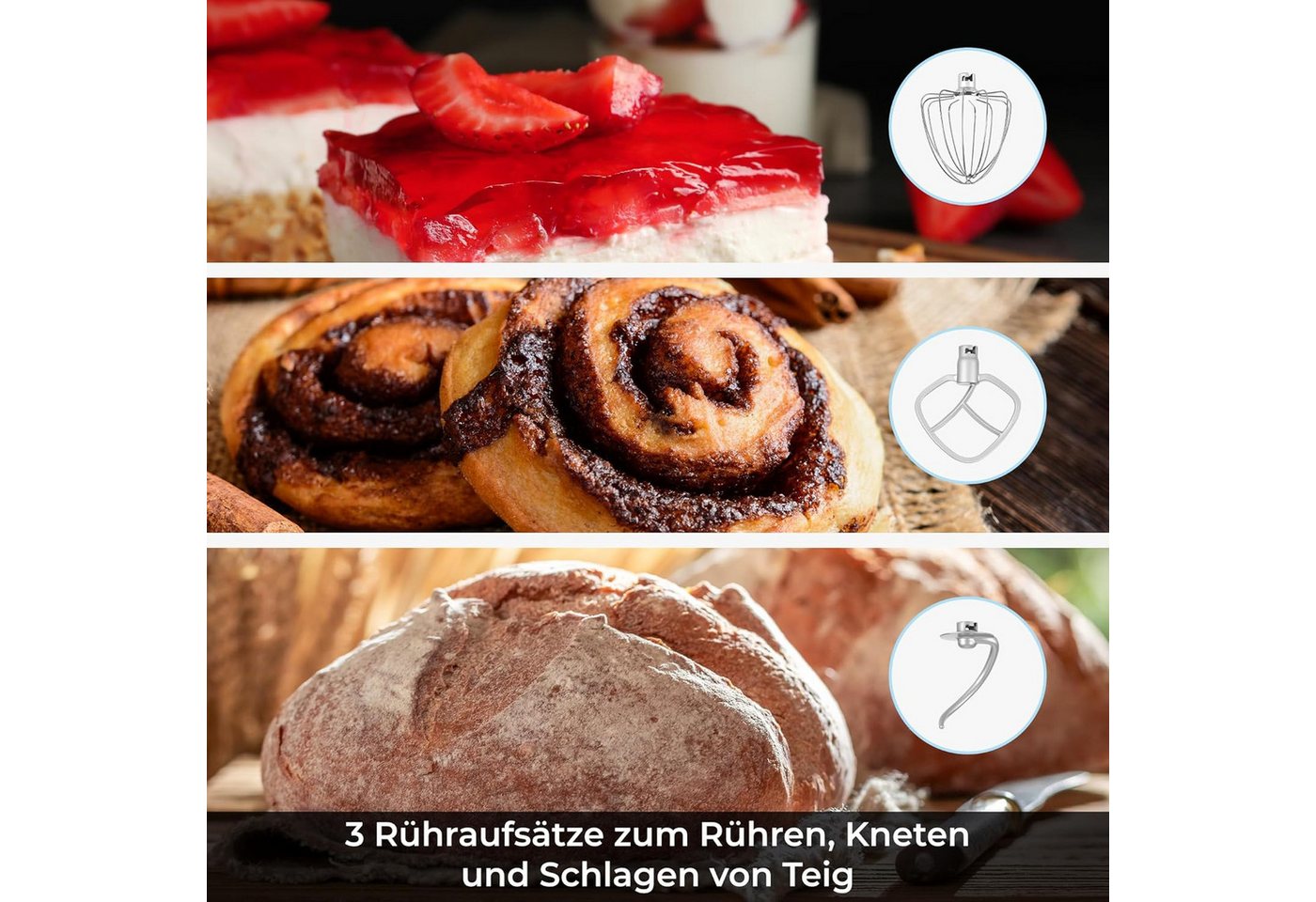 KLAMER Küchenmaschine 1400W, Knetmaschine mit 5,5 Liter Edelstahl Schüssel, 6 Geschwindigkeitsstufen mit Timer, Rührbesen, Knethaken, Schneebesen und Spritzschu – Bild 5 von 5