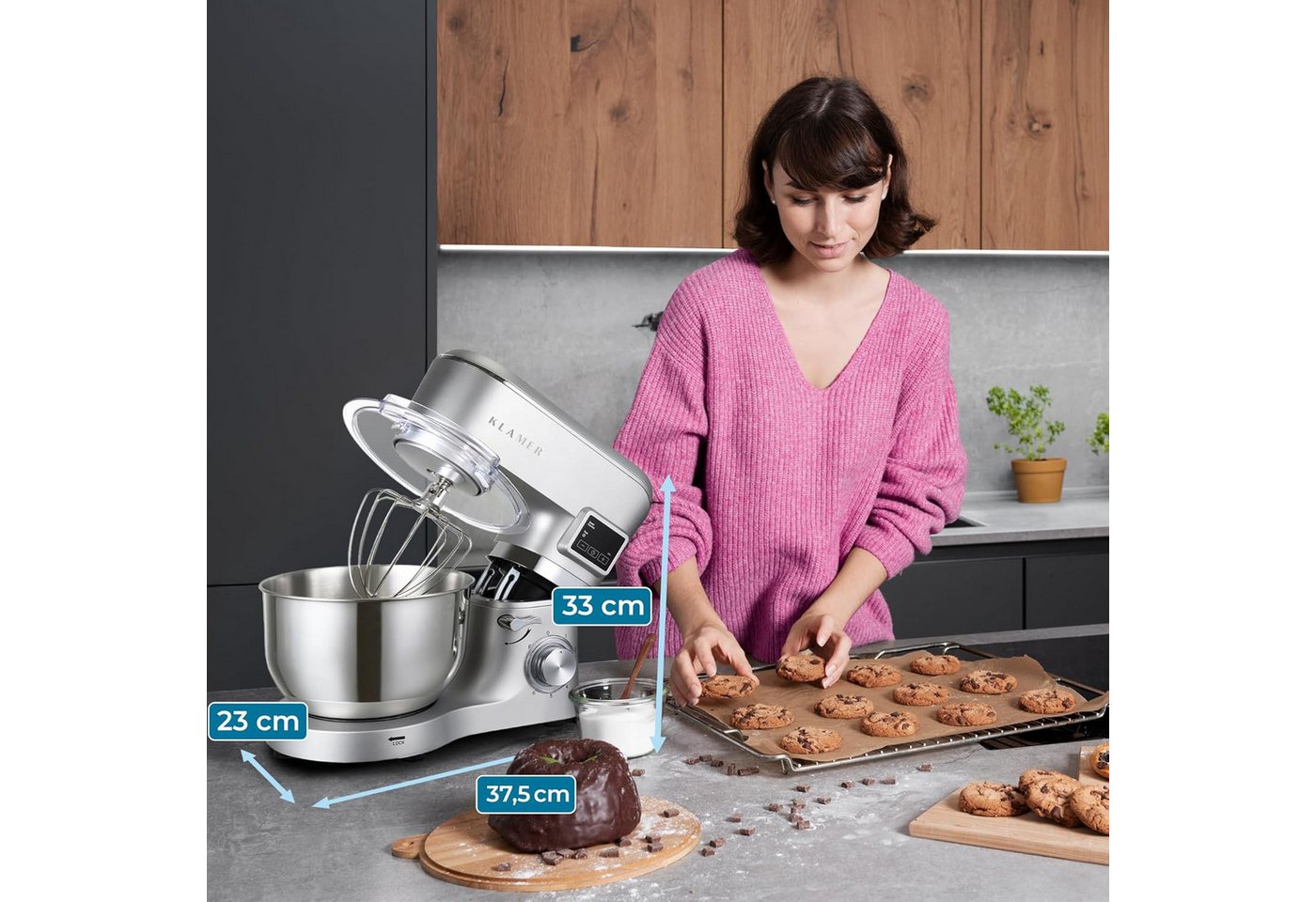 KLAMER Küchenmaschine 1400W, Knetmaschine mit 5,5 Liter Edelstahl Schüssel, 6 Geschwindigkeitsstufen mit Timer, Rührbesen, Knethaken, Schneebesen und Spritzschu – Bild 2 von 5