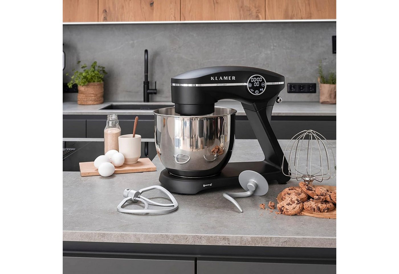 KLAMER Küchenmaschine 1800W, 6L Edelstahl-Schüssel, Knetmaschine mit 10 Geschwindigkeiten & Timer, schwarz, 1800 W, 6 l Schüssel, Spritzschutz, 3 Werkzeuge, Sau – Bild 3 von 5