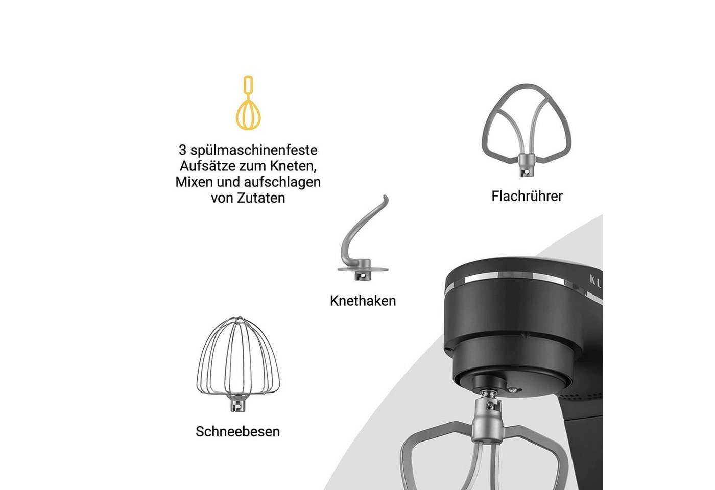 KLAMER Küchenmaschine 1800W, 6L Edelstahl-Schüssel, Knetmaschine mit 10 Geschwindigkeiten & Timer, schwarz, 1800 W, 6 l Schüssel, Spritzschutz, 3 Werkzeuge, Sau – Bild 4 von 5