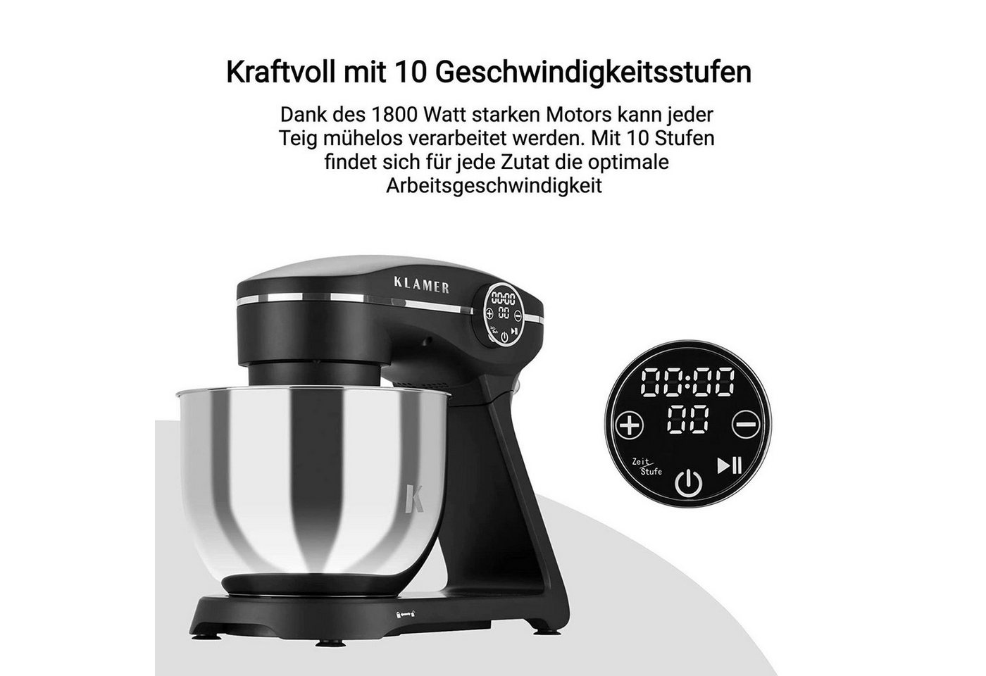 KLAMER Küchenmaschine 1800W, 6L Edelstahl-Schüssel, Knetmaschine mit 10 Geschwindigkeiten & Timer, schwarz, 1800 W, 6 l Schüssel, Spritzschutz, 3 Werkzeuge, Sau – Bild 5 von 5