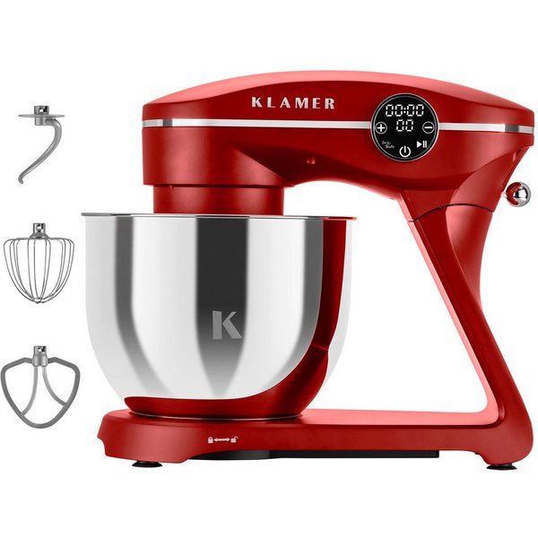 KLAMER Küchenmaschine 1800W, 6L Edelstahl-Schüssel, Knetmaschine mit 10 Geschwindigkeiten & Timer, rot, 1800 W, 6 l Schüssel, Spritzschutz, 3 Werkzeuge, Saugfüß