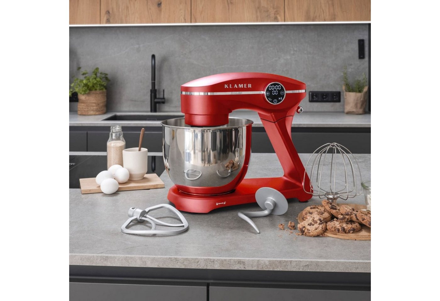 KLAMER Küchenmaschine 1800W, 6L Edelstahl-Schüssel, Knetmaschine mit 10 Geschwindigkeiten & Timer, rot, 1800 W, 6 l Schüssel, Spritzschutz, 3 Werkzeuge, Saugfüß – Bild 3 von 5