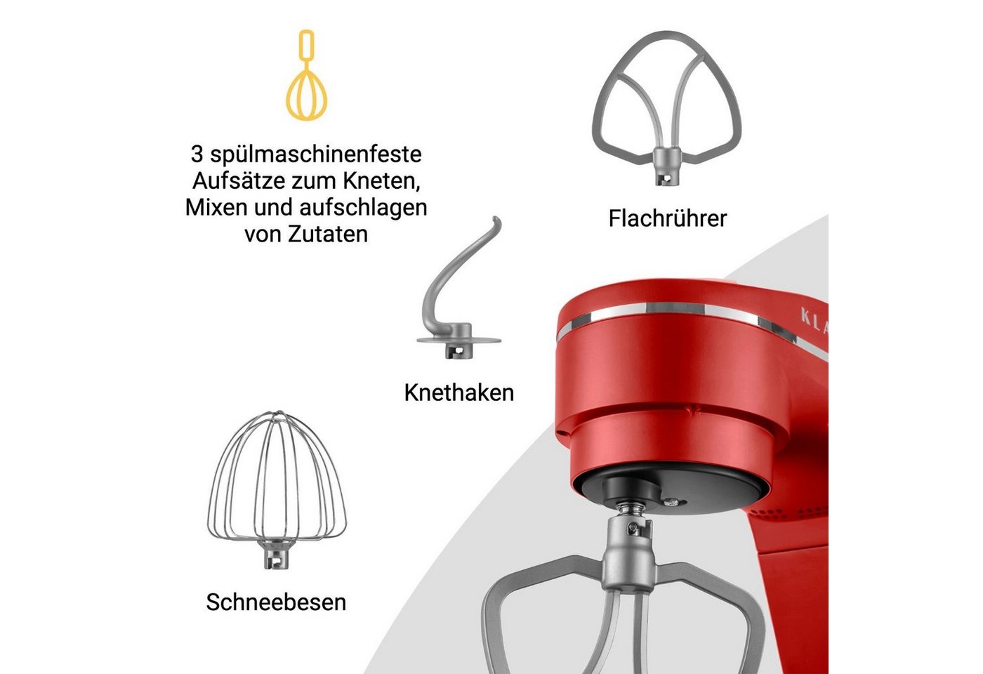 KLAMER Küchenmaschine 1800W, 6L Edelstahl-Schüssel, Knetmaschine mit 10 Geschwindigkeiten & Timer, rot, 1800 W, 6 l Schüssel, Spritzschutz, 3 Werkzeuge, Saugfüß – Bild 4 von 5