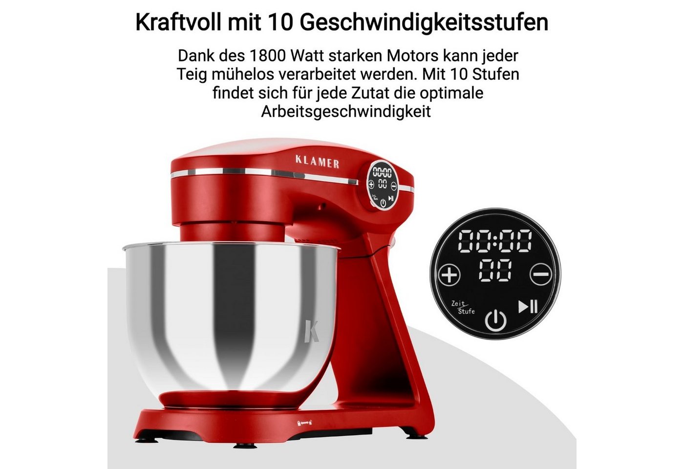 KLAMER Küchenmaschine 1800W, 6L Edelstahl-Schüssel, Knetmaschine mit 10 Geschwindigkeiten & Timer, rot, 1800 W, 6 l Schüssel, Spritzschutz, 3 Werkzeuge, Saugfüß – Bild 5 von 5