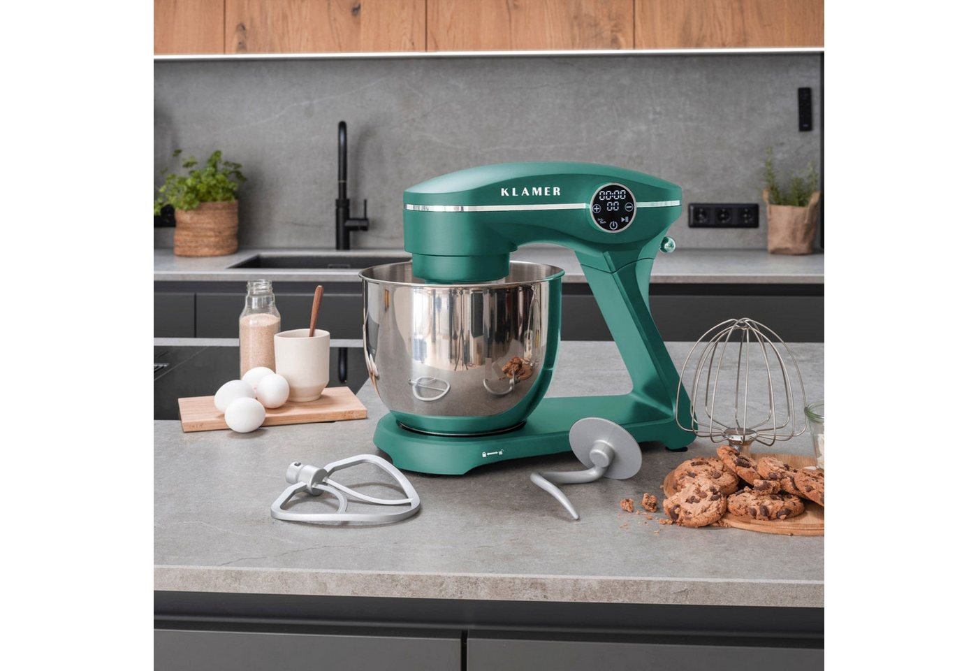 KLAMER Küchenmaschine 1800W, 6L Edelstahl-Schüssel, Knetmaschine mit 10 Geschwindigkeiten & Timer, grün, 1800 W, 6 l Schüssel, Spritzschutz, 3 Werkzeuge, Saugfü – Bild 2 von 5