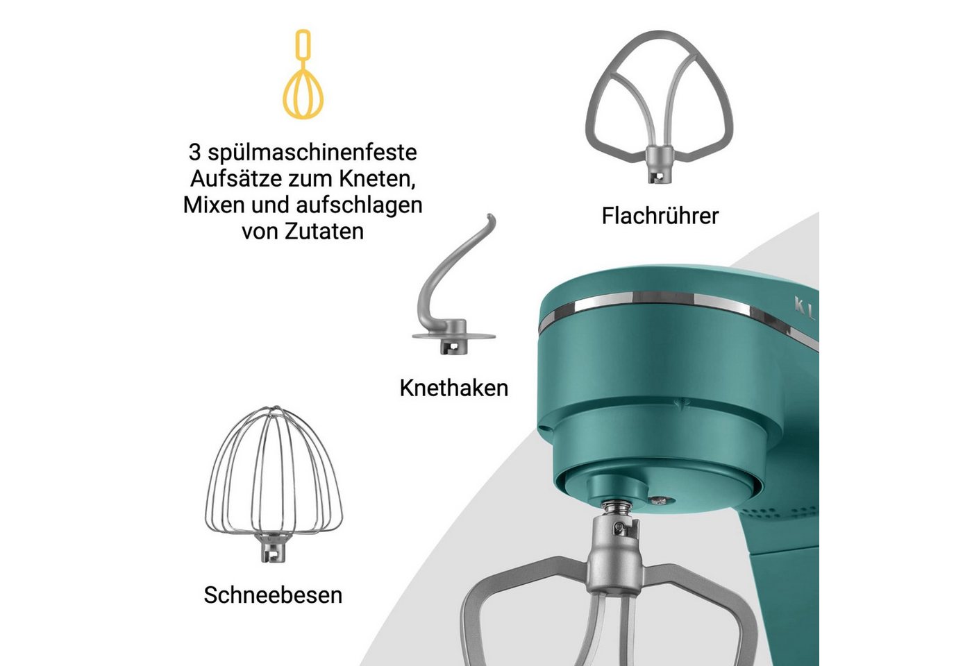 KLAMER Küchenmaschine 1800W, 6L Edelstahl-Schüssel, Knetmaschine mit 10 Geschwindigkeiten & Timer, grün, 1800 W, 6 l Schüssel, Spritzschutz, 3 Werkzeuge, Saugfü – Bild 4 von 5