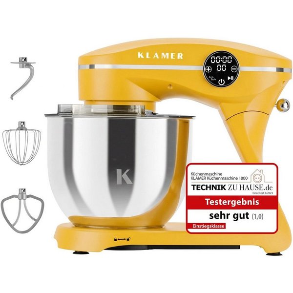 KLAMER Küchenmaschine 1800W, Knetmaschine mit 6 Liter Edelstahl Schüssel, 10 Geschwindigkeitsstufen mit Timer, Rührbesen, Knethaken, Schneebesen und Spritzschut