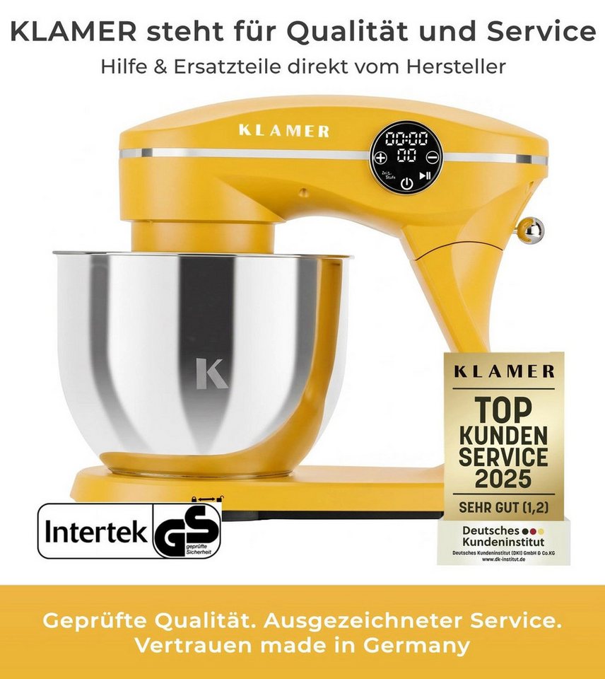 KLAMER Küchenmaschine 1800W, Knetmaschine mit 6 Liter Edelstahl Schüssel, 10 Geschwindigkeitsstufen mit Timer, Rührbesen, Knethaken, Schneebesen und Spritzschut – Bild 2 von 5